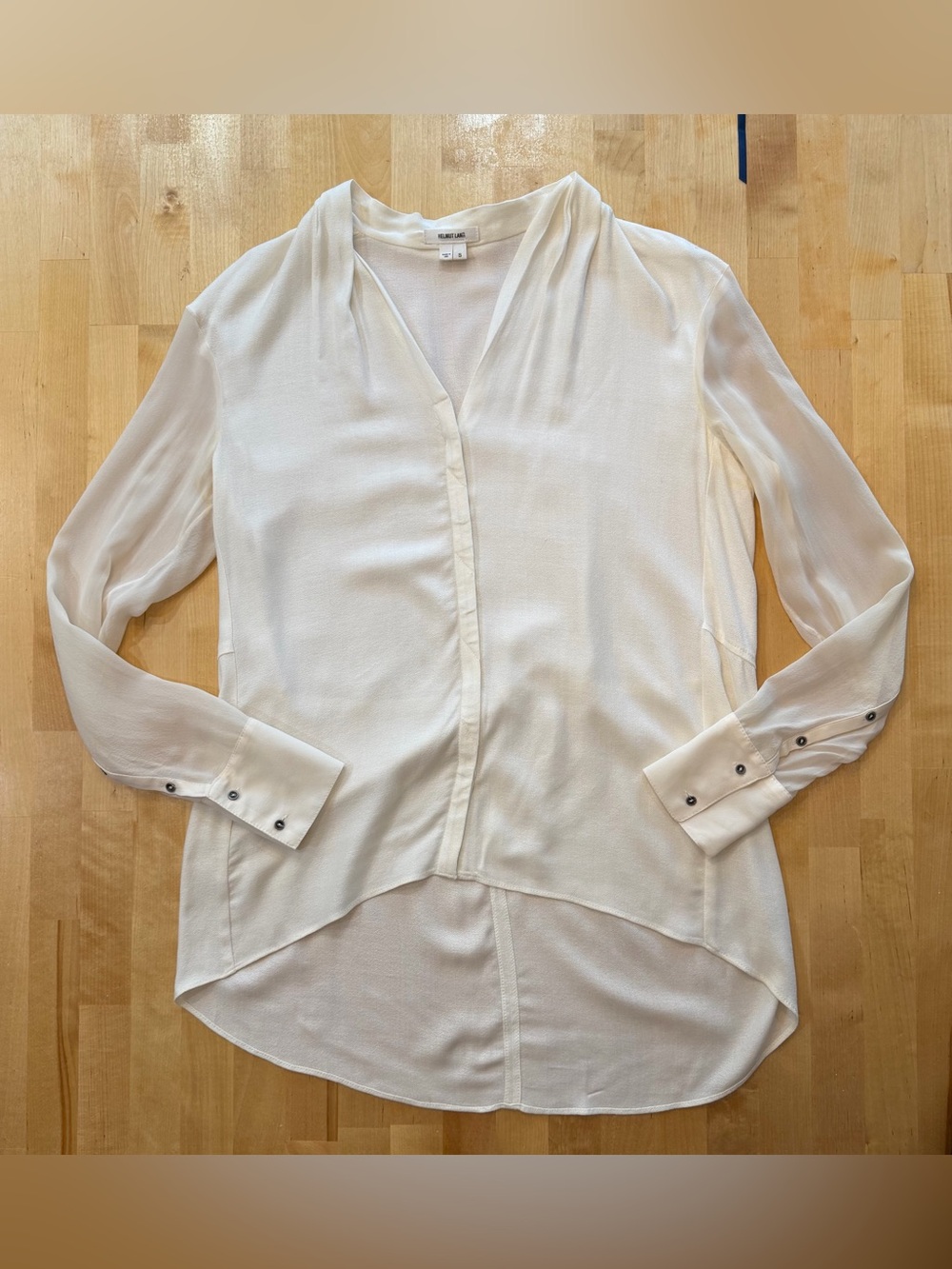Helmut Lang Element Sheer Hem Light Cream V-Neck Long-Sleeve Blouse